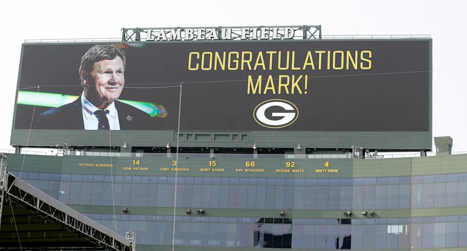 A Lambeau Field video board congratulates now-retired Green Bay Packers president and CEO Mark Murphy during the annual shareholders meeting on July 25, 2025, at Lambeau Field in Green Bay, Wis.