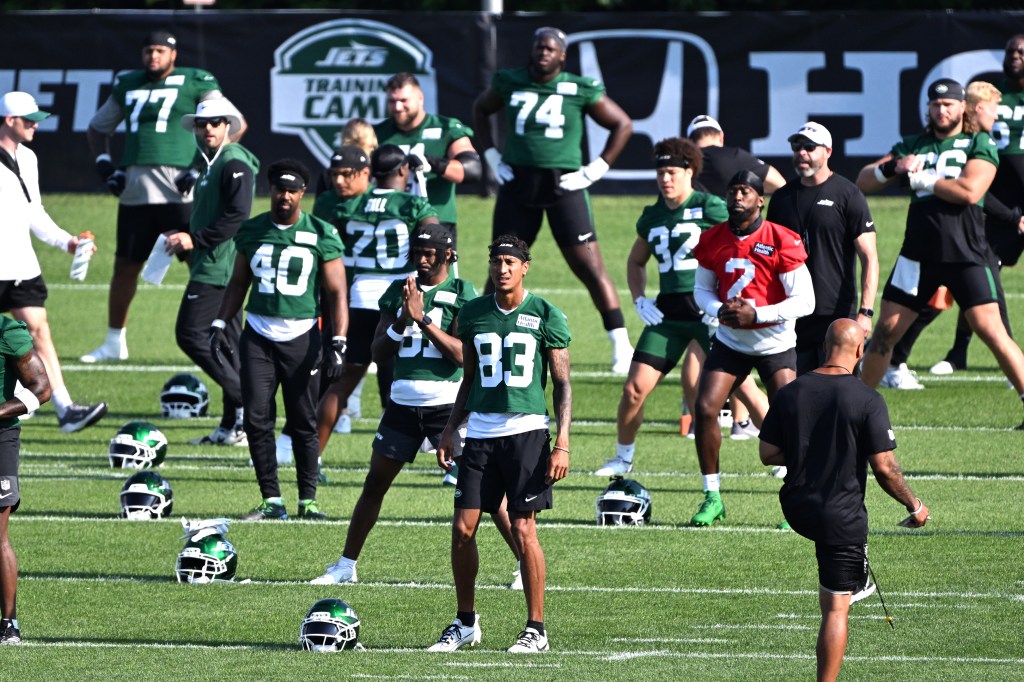 Jets wide receiver Josh Reynolds (83) stretches during practice at training camp in Florham Park, NJ.