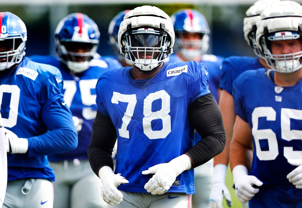 New York Giants offensive tackle Andrew Thomas (78) during training camp, Tuesday, Aug. 6, 2024 in East Rutherford, N.J. 