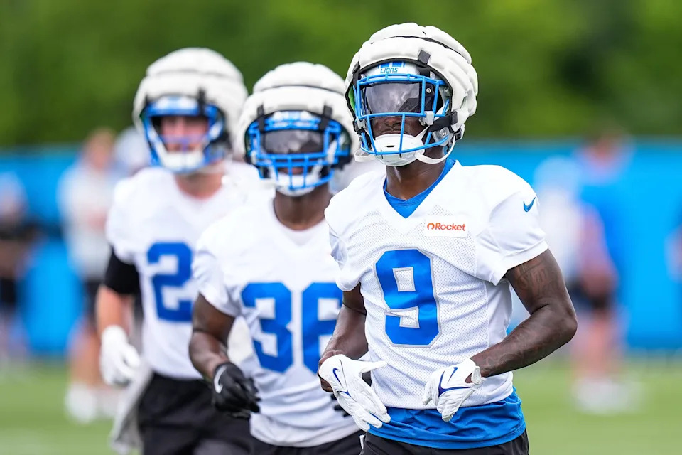Detroit Lions cornerback Ennis Rakestraw Jr. (9) practices during training camp at Meijer Performance Center in Allen Park on Sunday, July 20, 2025.