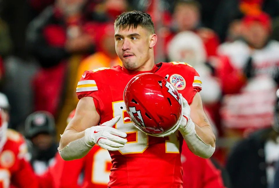 Jan 18, 2025; Kansas City, Missouri, USA; Kansas City Chiefs linebacker Leo Chenal (54) reacts during the second half against Houston Texans in a 2025 AFC divisional round game at GEHA Field at Arrowhead Stadium. Mandatory Credit: Jay Biggerstaff-Imagn Images