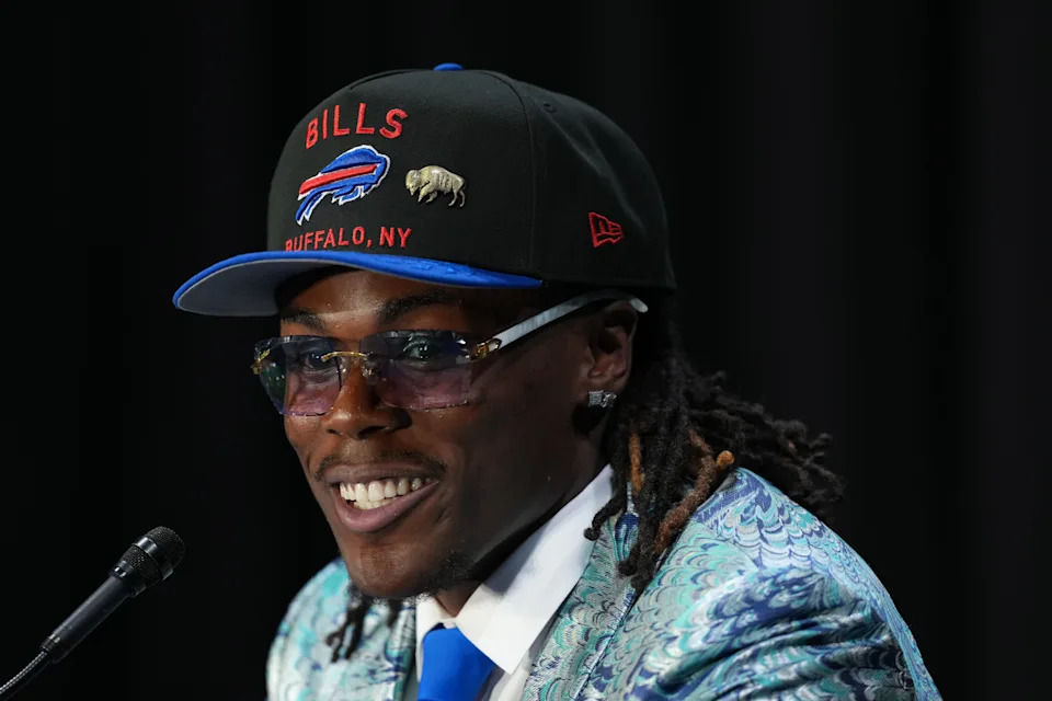 Apr 24, 2025; Green Bay, WI, USA; Maxwell Hairston speaks in a press conference after being selected by the Buffalo Bills as the number 30 pick in the first round of the 2025 NFL Draft at Lambeau Field. Mandatory Credit: Kirby Lee-Imagn Images