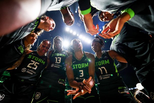 Nneka Ogwumike #3 of the Seattle Storm gathers her teammates before the game against the Dallas Wings at Climate Pledge Arena on July 22, 2025 in Seattle, Washington