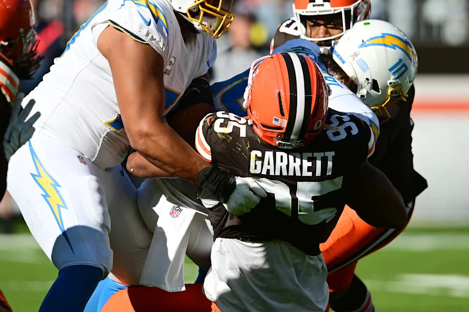 Cleveland Browns defensive end Myles Garrett (95) sacks Los Angeles Chargers quarterback Justin Herbert on Nov. 3, 2024, in Cleveland, Ohio.