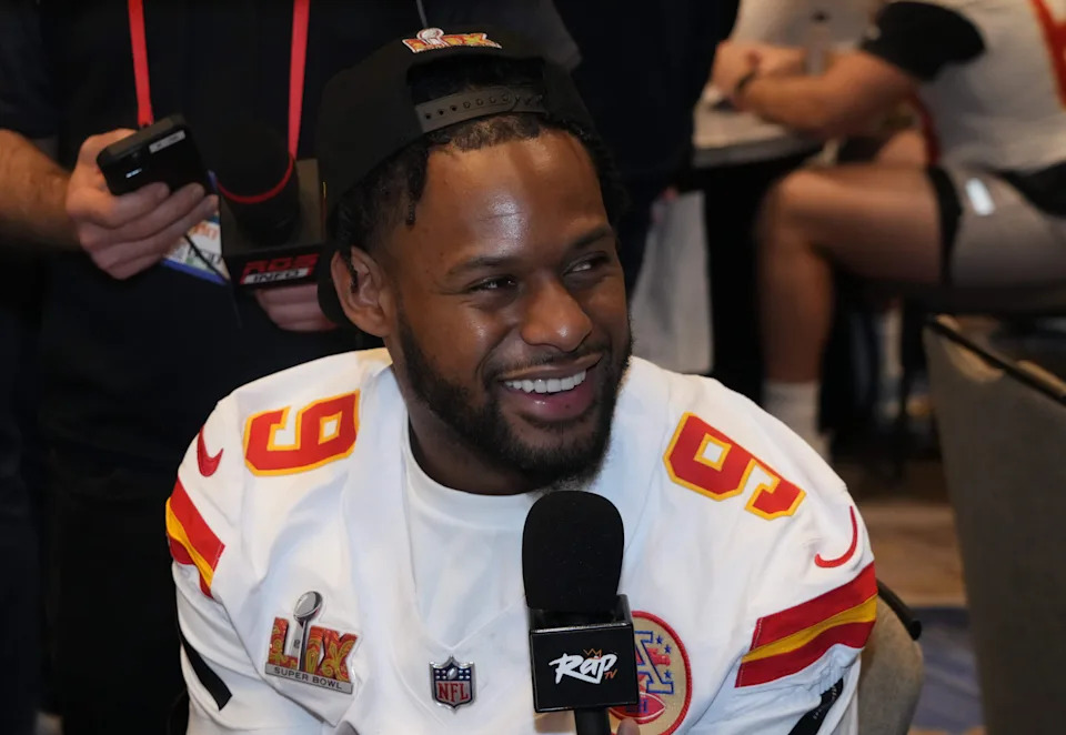 Feb 5, 2025; New Orleans, LA, USA; Kansas City Chiefs wide receiver JuJu Smith-Schuster (9) in a press conference ahead of Super Bowl LIX at New Orleans Marriott. Mandatory Credit: Kirby Lee-Imagn Images