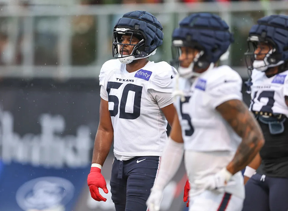 Jul 27, 2024; Houston, TX, USA; Houston Texans defensive end Solomon Byrd (50) during training camp at Houston Methodist Training Center. Mandatory Credit: Troy Taormina-USA TODAY Sports