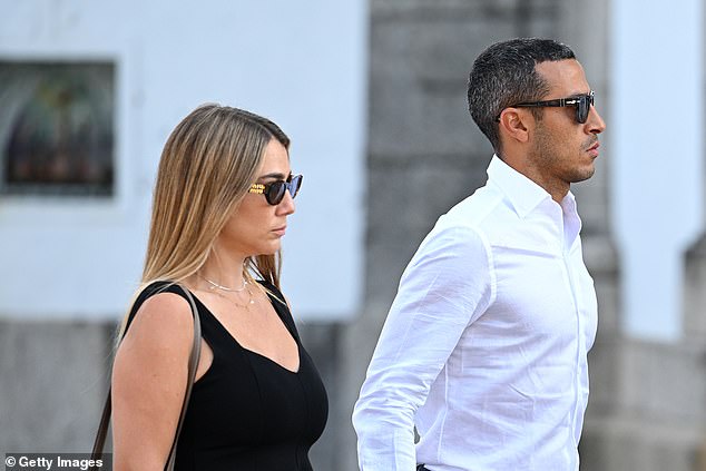 Thiago Alcantara, former football player, and his Wife Julia Vigas arrive at a funeral held for Diogo Jota and his brother Andre Silva