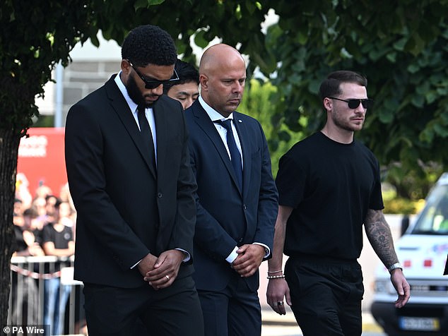 Liverpool defender Joe Gomez (left), manager Arne Slot (centre) and midfielder Alexis Mac Allister (right) arrive for the funeral of Diogo Jota and Andre Silva