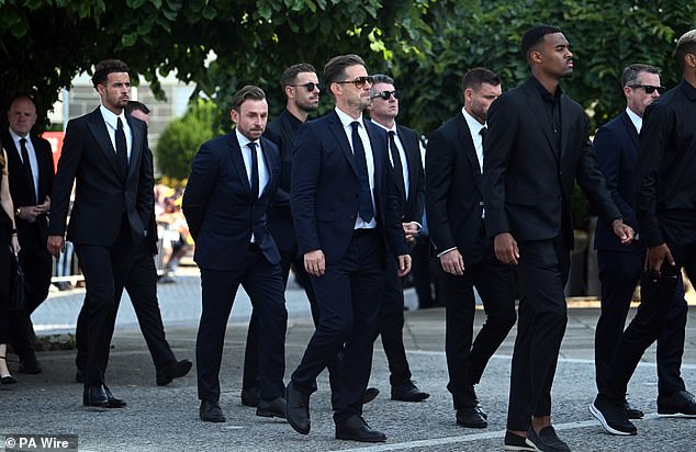 Curtis Jones (left) Jordan Henderson (third from left), James Milner (third from right) and Ryan Gravenberch (right) arrive at the funeral of Diogo Jota and Andre Silva