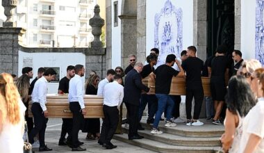 The coffins of Diogo Jota And Andre Silva are carried by family, former teammates and friends into the Igreja Matriz de Gondomar where the funeral is being held