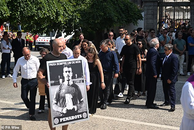 Mourners leave the funeral of Diogo Jota and Andre Silva being held at Igreja Matriz de Gondomar in the town of Gondomar