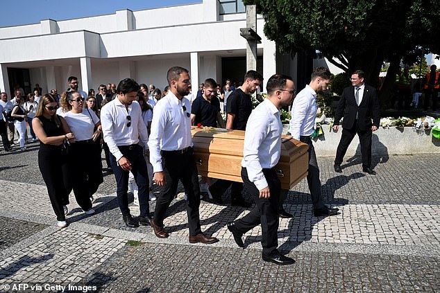 Former teammates carry the coffins during the funerals of Liverpool's Portuguese forward Diogo Jota and his brother Andre Silva