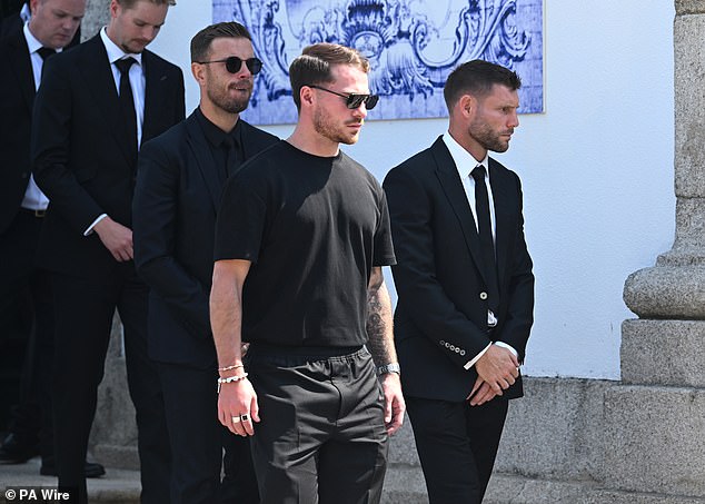 Liverpool stars Jordan Henderson, Alexis Mac Allister and James Milner leave the funeral of Diogo Jota and Andre Silva at Igreja Matriz de Gondomar