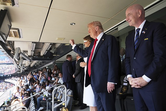 President Trump is seen alongside first lady Melania Trump and FIFA president Gianni Infantino at the game