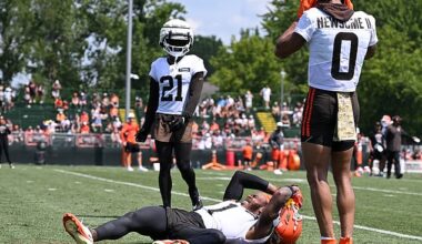 Martin Emerson Jr. reacts after injuring himself in 7-on-7 drills at Browns training camp