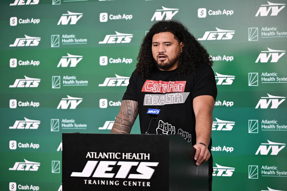 Jun 10, 2025; East Rutherford, NJ, USA; New York Jets defensive tackle Jay Tufele (97) speaks at a press conference during minicamp at Atlantic Health Jets Training Center. Mandatory Credit: John Jones-Imagn Images