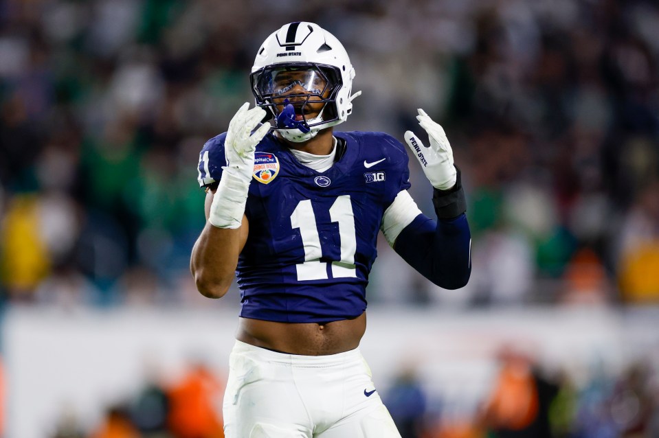 Penn State Nittany Lions defensive end Abdul Carter #11 reacts after a play.