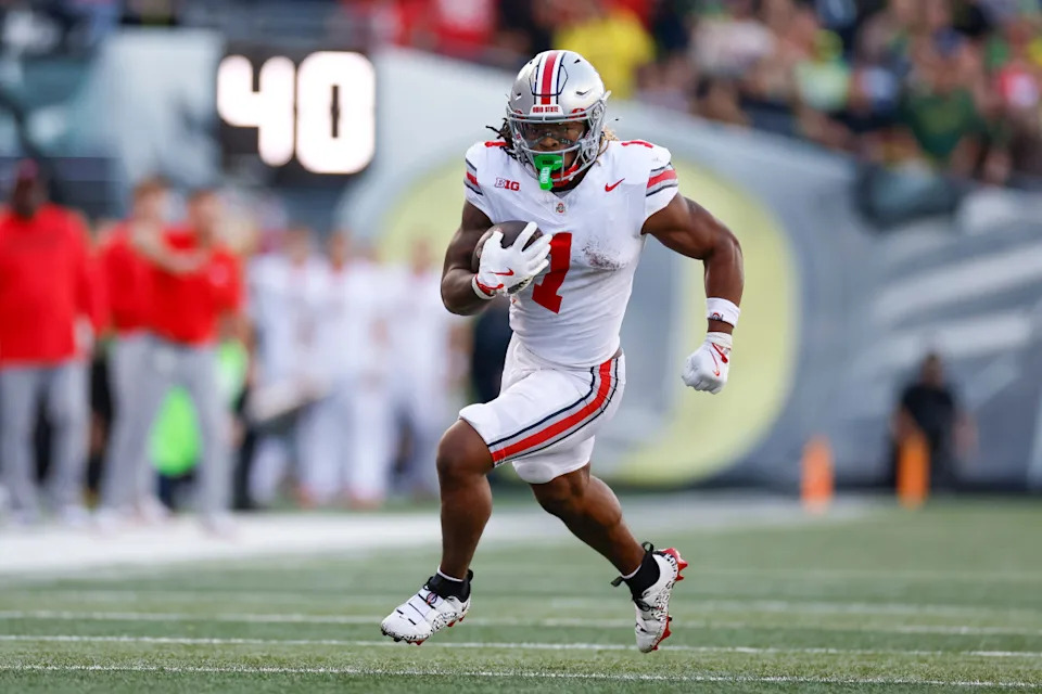EUGENE, OREGON - OCTOBER 12: Quinshon Judkins #1 of the Ohio State Buckeyes runs with the ball in the second quarter during a game against the Oregon Ducks at Autzen Stadium on October 12, 2024 in Eugene, Oregon. (Photo by Brandon Sloter/Image Of Sport/Getty Images)Brandon Sloter/Getty Images