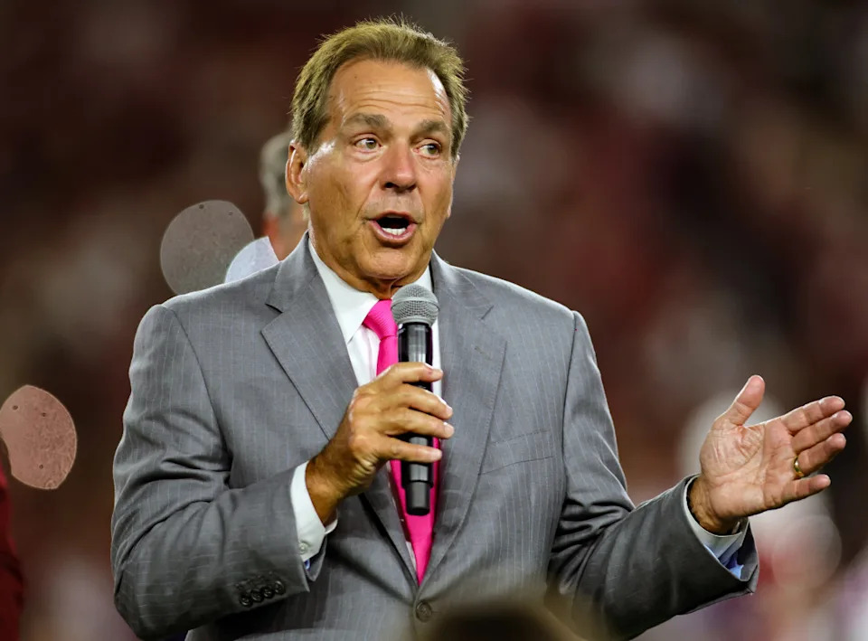 TUSCALOOSA, ALABAMA - SEPTEMBER 7: former University of Alabama head football coach Nick Saban is honored with a ceremony dedicating the field in his name during the halftime break between the Alabama Crimson Tide and South Florida Bulls at Bryant-Denny Stadium on September 7, 2024 in Tuscaloosa, Alabama. (Photo by Brandon Sumrall/Getty Images)Brandon Sumrall&sol;Getty Images