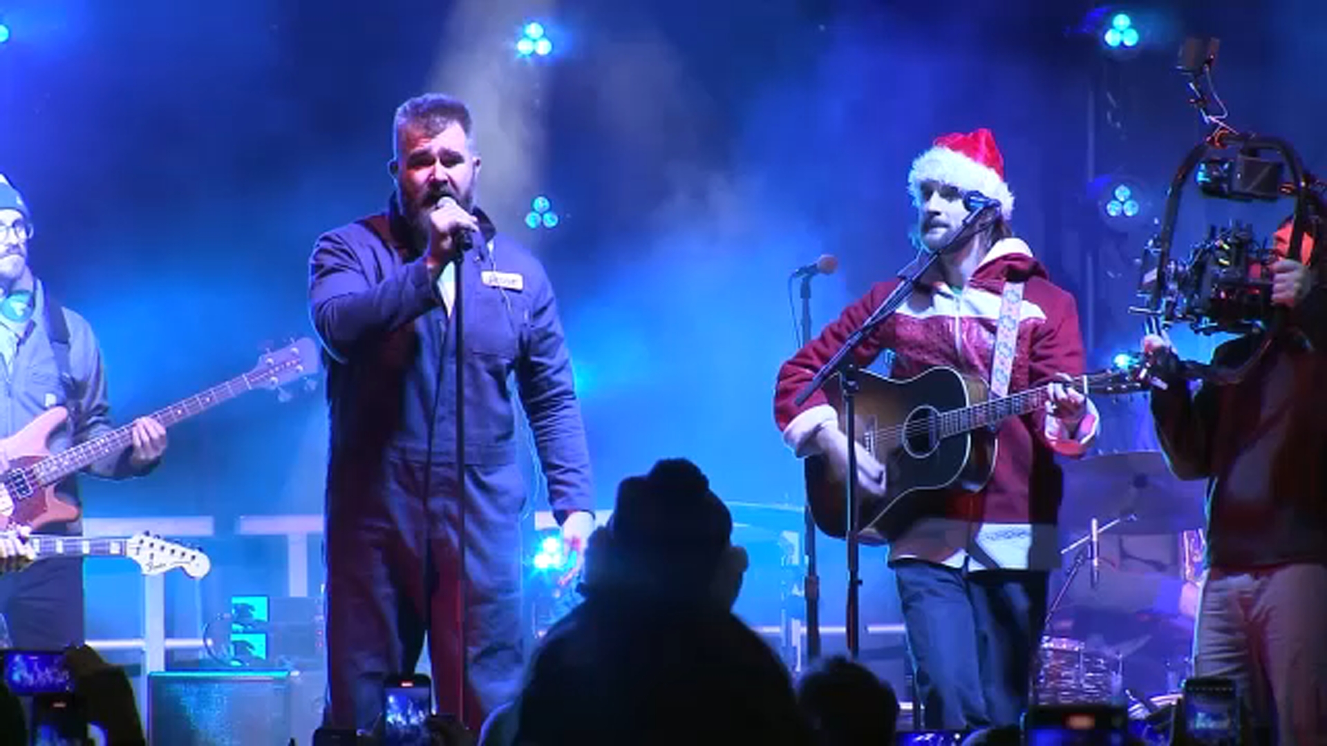 PICTURED: Jason Kelce performs with the band Mt. Joy ahead of the Eagles-Commanders matchup in South Philadelphia.