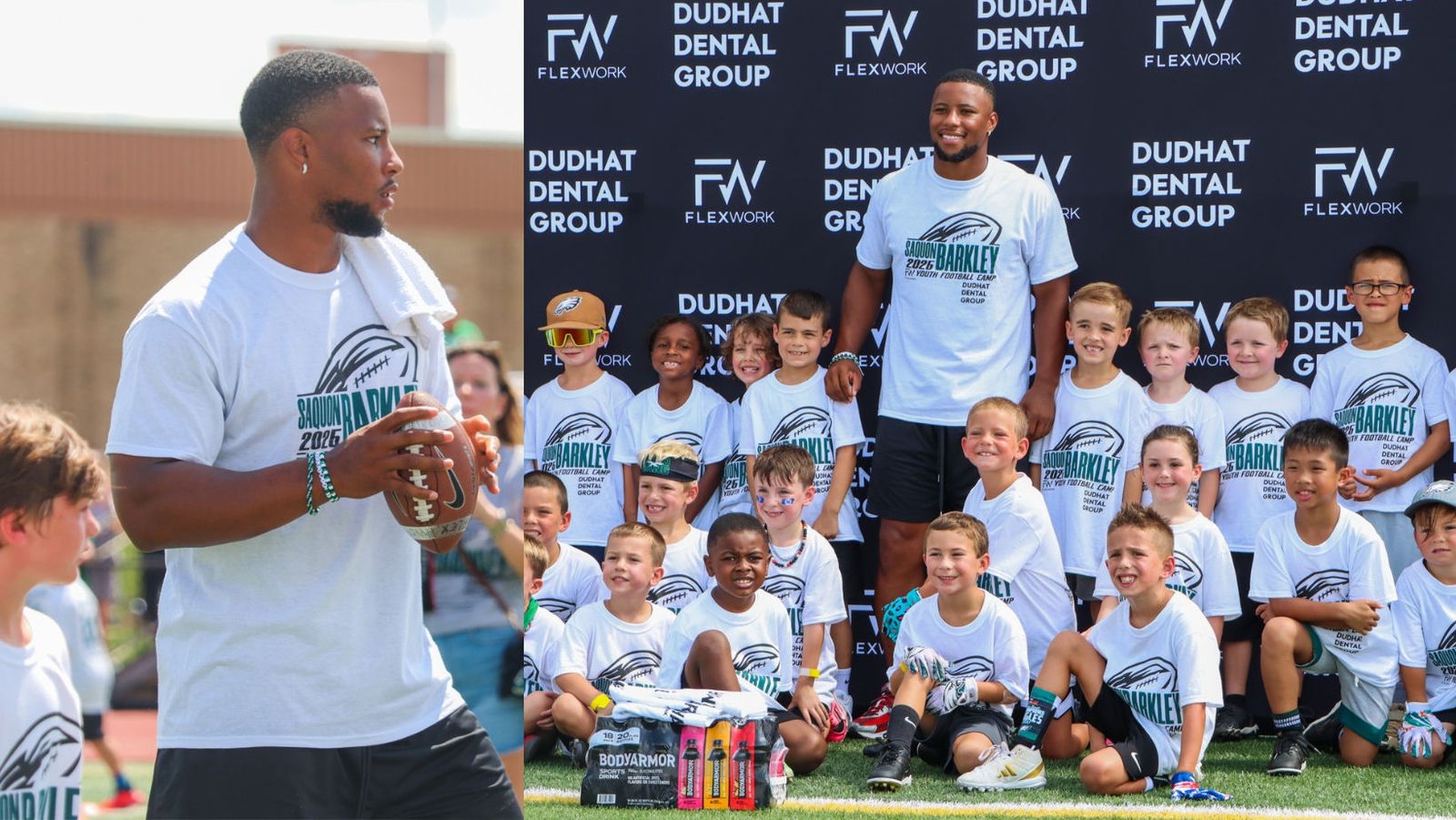 Philadelphia Eagles' Dentist hands the ball off to Saquon Barkley in football camp