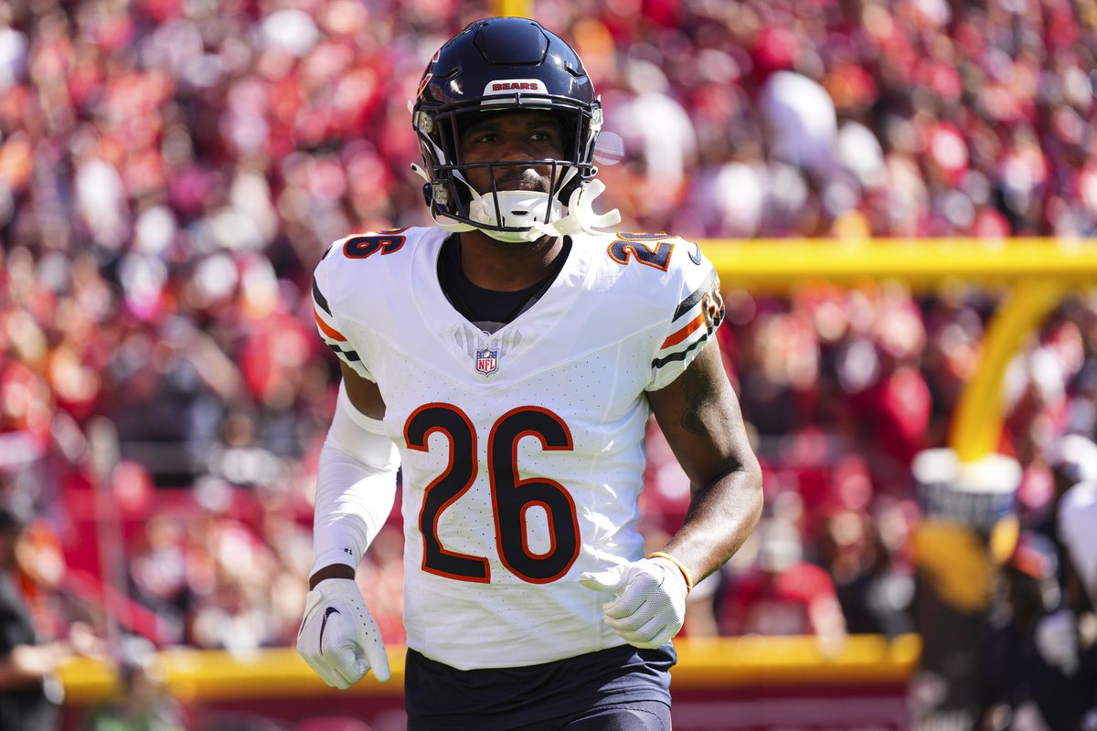 Quindell Johnson #26 of the Chicago Bears runs onto the field prior to at GEHA Field at Arrowhead Stadium on September 24, 2023 in Kansas City, Missouri.