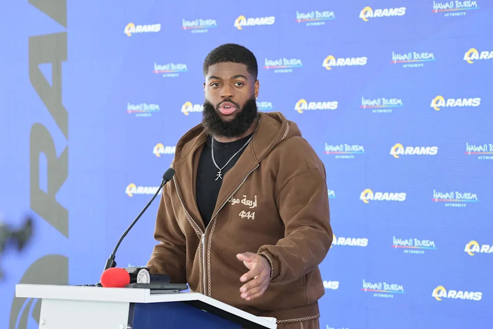 Rams linebacker Jared Verse speaks to the media following practice in June.