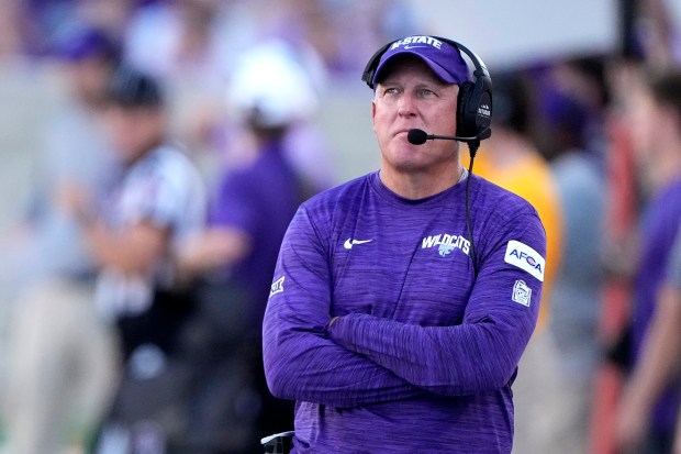 Kansas State head coach Chris Klieman watches during the first half of an NCAA college football game against UT Martin Saturday, Aug. 31, 2024, in Manhattan, Kan. (AP Photo/Charlie Riedel)