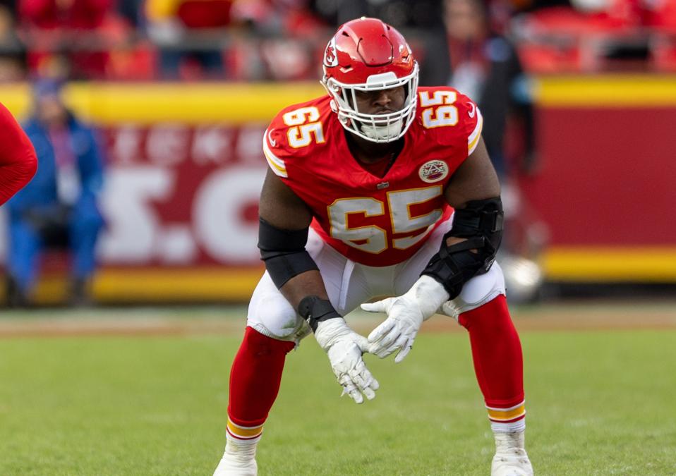 Trey Smith takes his stance along the offensive line.