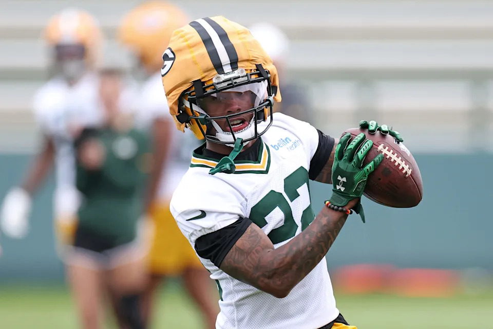 ASHWAUBENON, WISCONSIN - JUNE 10: Matthew Golden #22 of the Green Bay Packers participates in drills during the Green Bay Packers mandatory minicamp at Ray Nitschke Field on June 10, 2025 in Ashwaubenon, Wisconsin. (Photo by Stacy Revere/Getty Images)