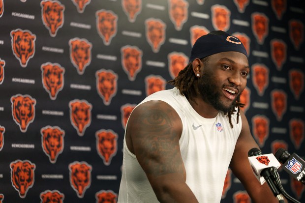 Bears draft pick Shemar Turner speaks with the media after rookie camp at Halas Hall on May 9, 2025, in Lake Forest. (Stacey Wescott/Chicago Tribune)