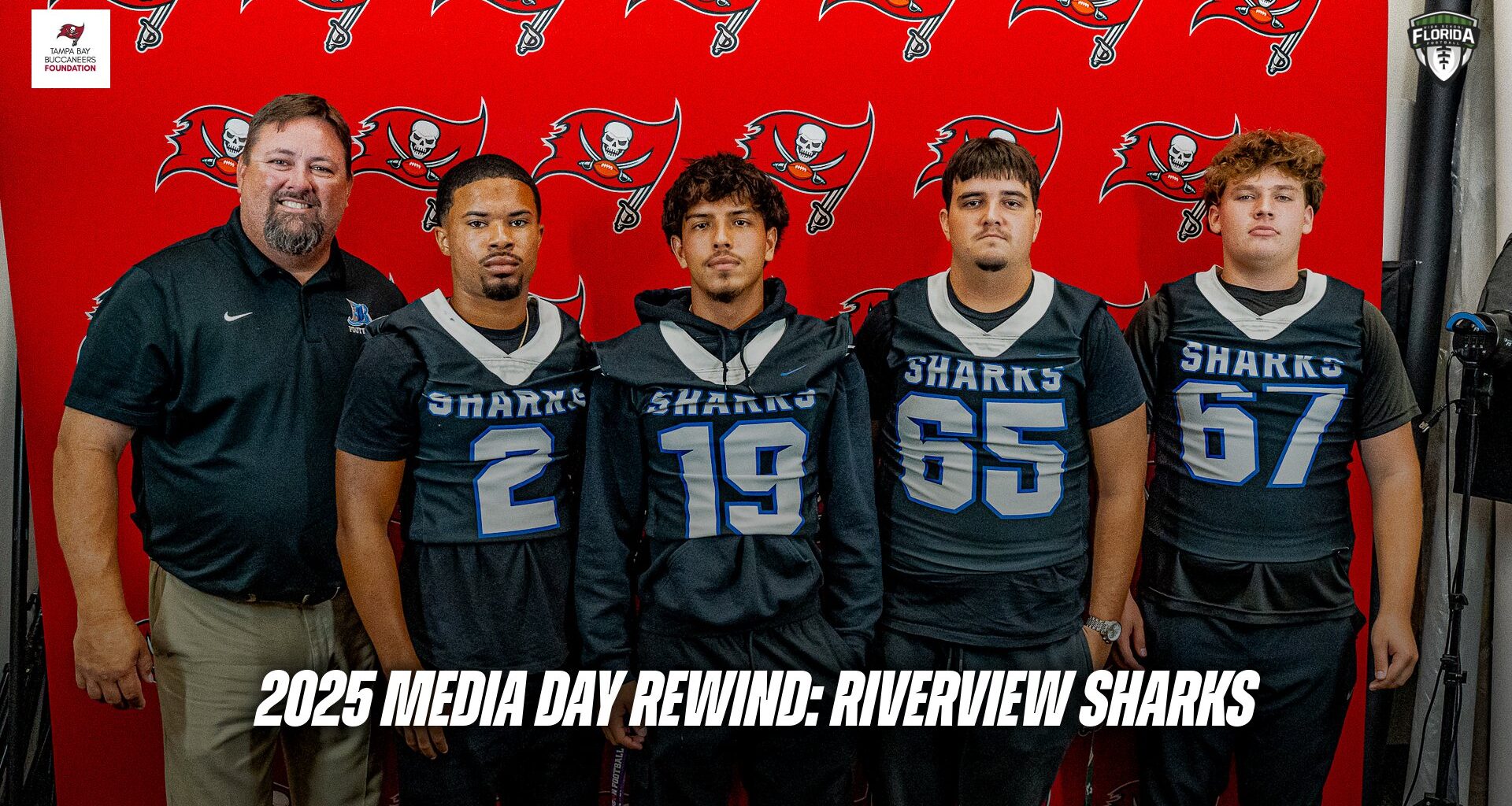 Riverview head coach Tony Rodriguez, RB Koby Holloman (2), ATH Adam Greenwell (19), OG Nicholas Duffy (65), and C Owen Hershey (67) at the 2025 Tampa Bay Buccaneers High School Football Media Day at One Buccaneer Place. (Photo: BigHitsLive)