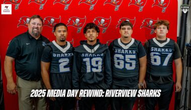 Riverview head coach Tony Rodriguez, RB Koby Holloman (2), ATH Adam Greenwell (19), OG Nicholas Duffy (65), and C Owen Hershey (67) at the 2025 Tampa Bay Buccaneers High School Football Media Day at One Buccaneer Place. (Photo: BigHitsLive)
