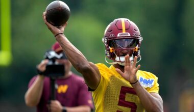 Jayden Daniels' first 11-on-11 throw of camp is an over-the-shoulder connection with Deebo Samuel