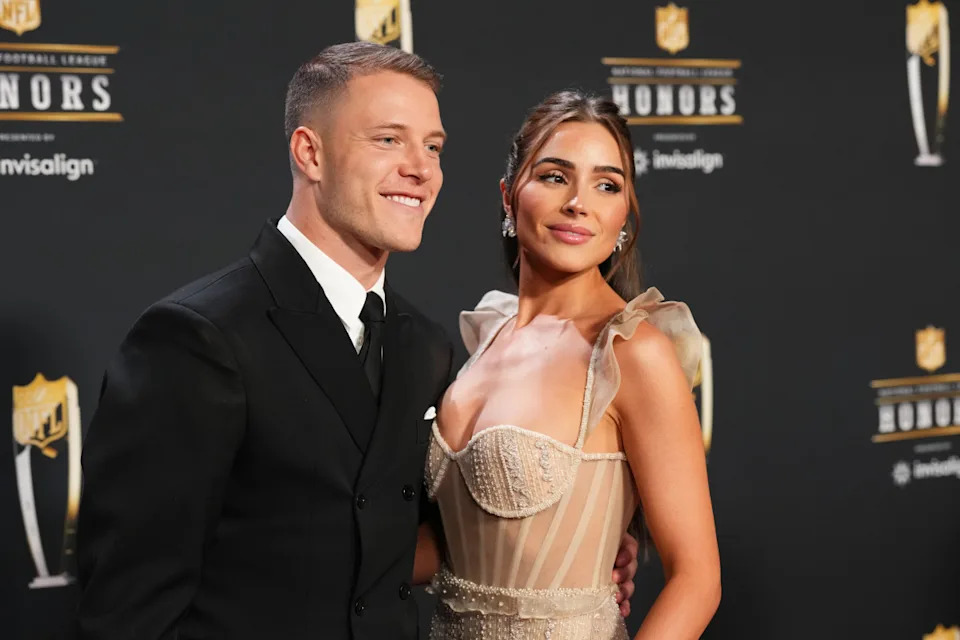 PHOENIX, AZ - FEBRUARY 09: Christian McCaffrey and Olivia Culpo pose for a photo on the red carpet during NFL Honors at the Symphony Hall on February 9, 2023 in Phoenix, Arizona. (Photo by Cooper Neill/Getty Images)Cooper Neill/Getty Images