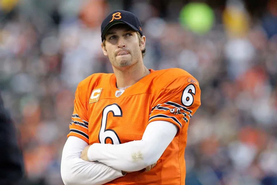 Jay Cutler stands on the sideline during a game against the Packers on Sept. 25, 2011.© Mike De Sisti via Imagn Content Services, LLC