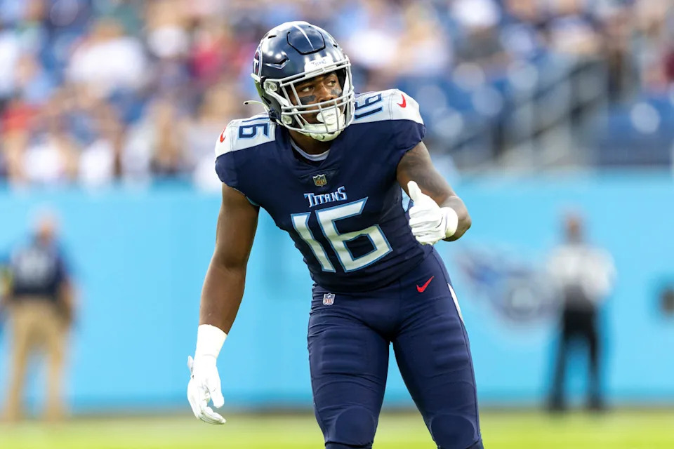 NASHVILLE, TENNESSEE - AUGUST 20: Treylon Burks #16 of the Tennessee Titans at the line of scrimmage during a preseason game against the Tampa Bay Buccaneers at Nissan Stadium on August 20, 2022 in Nashville, Tennessee. The Titans defeated the Buccaneers 13-3. (Photo by Wesley Hitt/Getty Images)Wesley Hitt/Getty Images