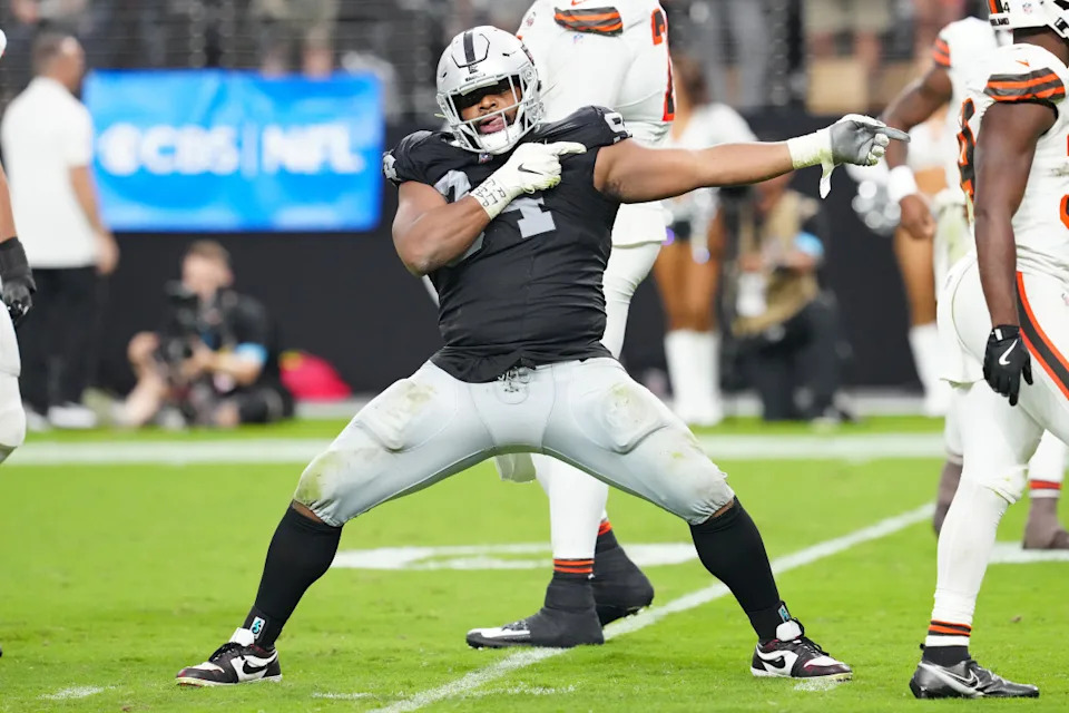 Las Vegas Raiders DT Christian Wilkins (94).© Stephen R&period; Sylvanie-Imagn Images