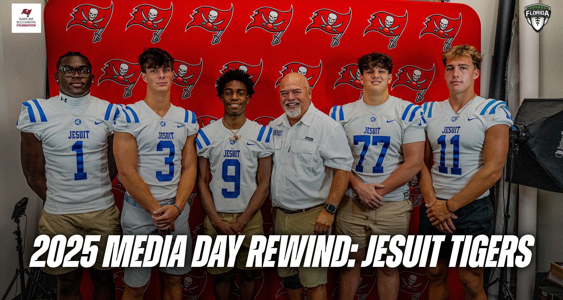 Jesuit LB Kaden Henderson (1), S Tripp Keller (3), WR Mikey Vernon (9), head coach Matt Thompson, OL Anthony Rametta (77), and QB Will Griffin (11) at the 2025 Tampa Bay Buccaneers High School Football Media Day at One Buccaneer Place. (Photo: BigHitsLive)