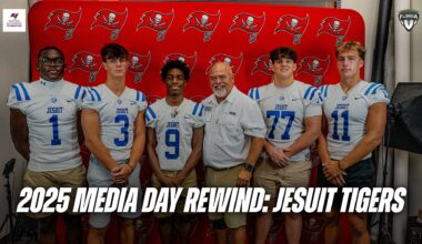 Jesuit LB Kaden Henderson (1), S Tripp Keller (3), WR Mikey Vernon (9), head coach Matt Thompson, OL Anthony Rametta (77), and QB Will Griffin (11) at the 2025 Tampa Bay Buccaneers High School Football Media Day at One Buccaneer Place. (Photo: BigHitsLive)