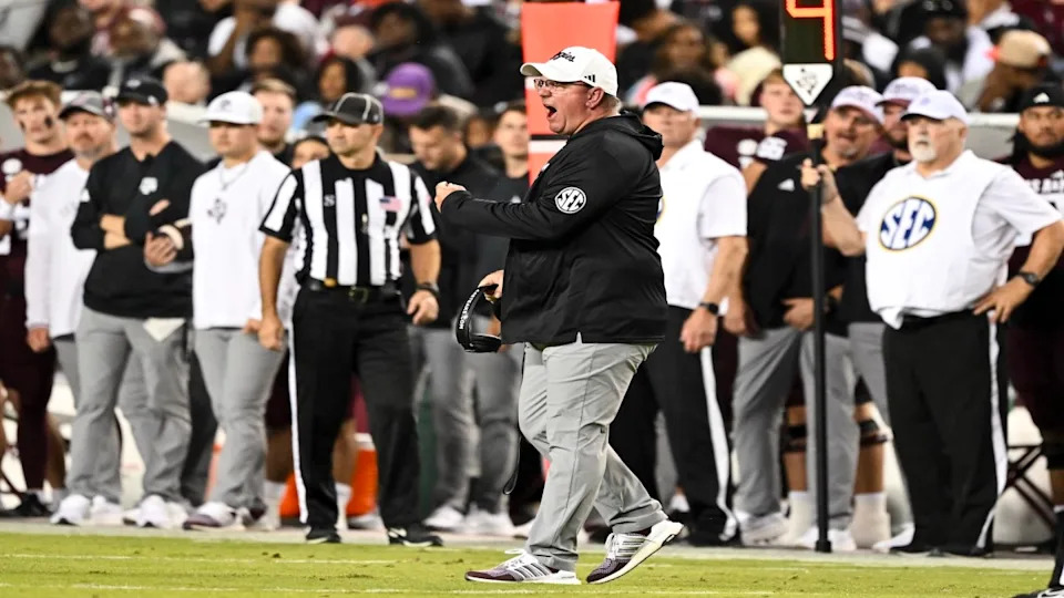 Texas A&M Aggies head coach Mike Elko reacting mid-game.Maria Lysaker&sol;Imagn Images