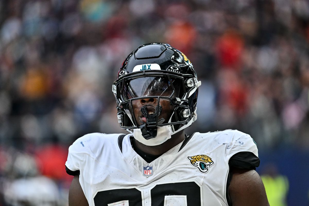 Esezi Otomewo of Jacksonville Jaguars looks on during the NFL match between Jacksonville Jaguars and Chicago Bears at Tottenham Hotspur Stadium on October 13, 2024 in London, England.