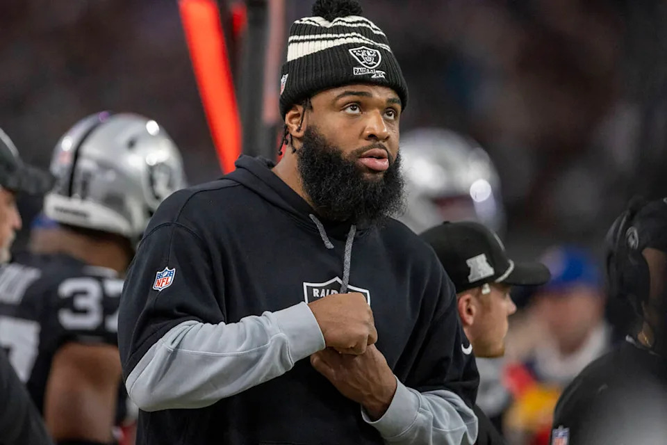 Las Vegas Raiders defensive tackle Christian Wilkins watches from the sideline during the second half against the Los Angeles Chargers on Jan. 5, 2025, at Allegiant Stadium in Las Vegas. (Heidi Fang/Las Vegas Review-Journal/Tribune News Service via Getty Images)
