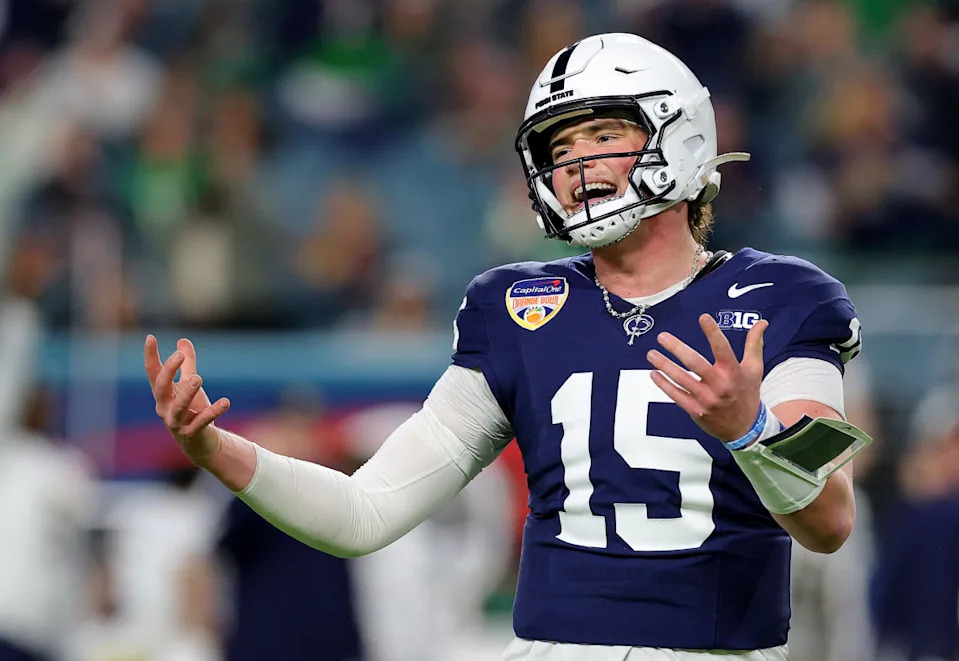 MIAMI GARDENS, FLORIDA - JANUARY 09: Drew Allar #15 of the Penn State Nittany Lions reacts during the first quarter against the Notre Dame Fighting Irish in the Capital One Orange Bowl at Hard Rock Stadium on January 09, 2025 in Miami Gardens, Florida. (Photo by Kevin C. Cox/Getty Images)Kevin C&period; Cox&sol;Getty Images