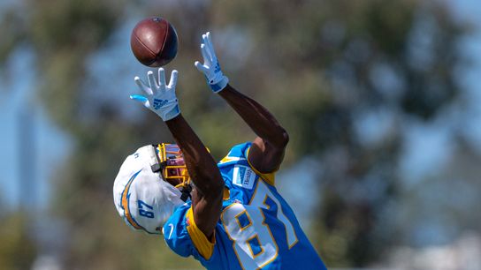 Los Angeles Chargers' wide receiver, Dez Fitzpatrick 87, reaches for a pass from Justin Herbert (10) during training camp July 17, 2025 at The Bolt training facility in El Segundo, CA. Los Angeles Chargers' wide receiver, Dez Fitzpatrick 87, reaches for a pass from Justin Herbert (10) during training camp July 17, 2025 at The Bolt training facility in El Segundo, CA.