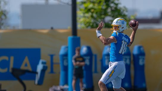 Los Angeles Chargers' quarterback, Justin Herbert 10, passes to wide receiver Quentin Johnston 1, during training camp July 17, 2025 at The Bolt training facility in El Segundo, CA. Los Angeles Chargers' quarterback, Justin Herbert 10, passes to wide receiver Quentin Johnston 1, during training camp July 17, 2025 at The Bolt training facility in El Segundo, CA.