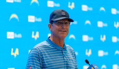 Jim Harbaugh talks meeting Presidents, Mike Williams replacement, Justin Herbert eye wear