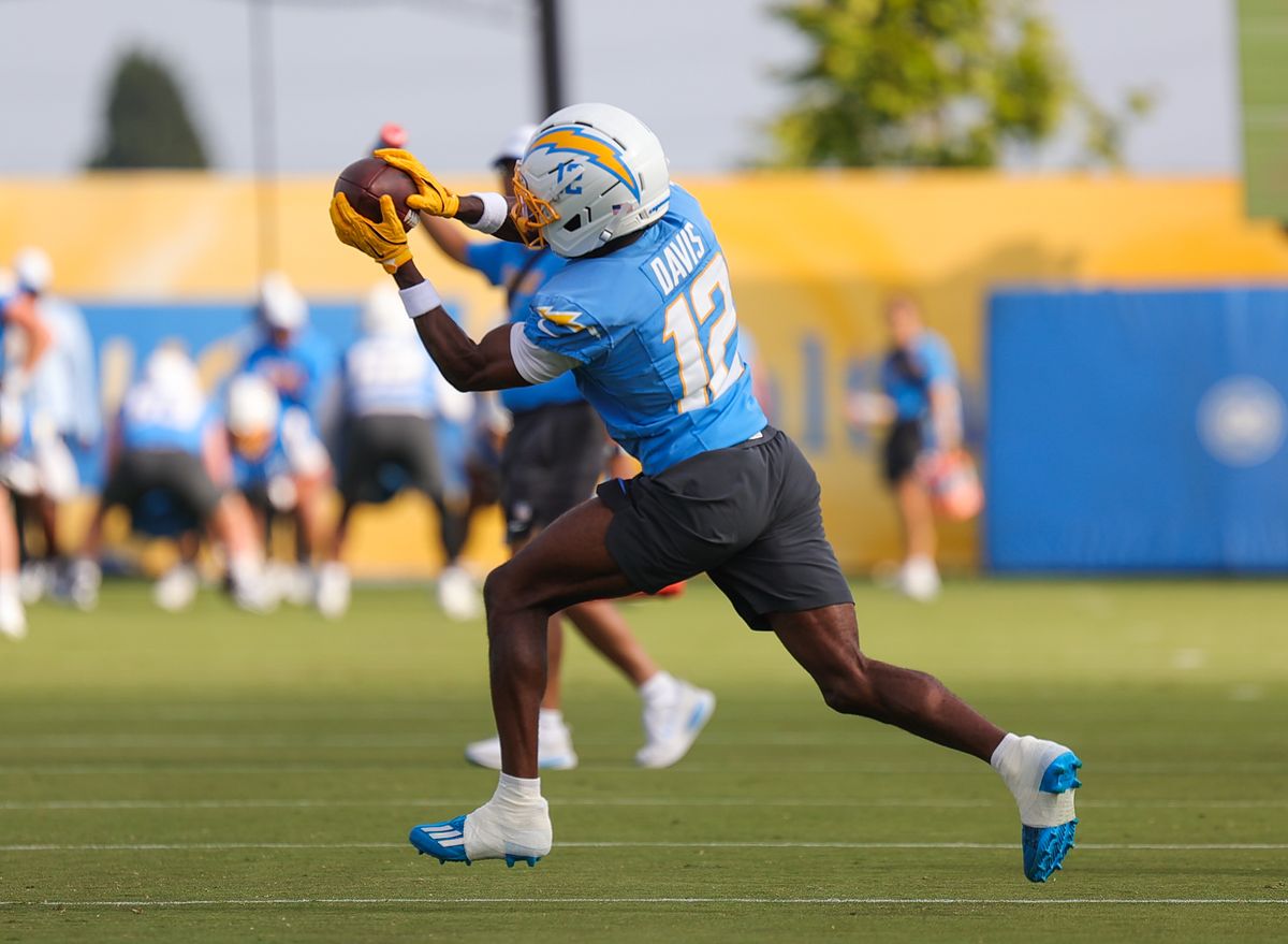 Los Angeles Chargers #12 WR Derius Davis catches a pass during training camp on July 19, 2025 at the Bolt practice facility in El Segundo, CA.