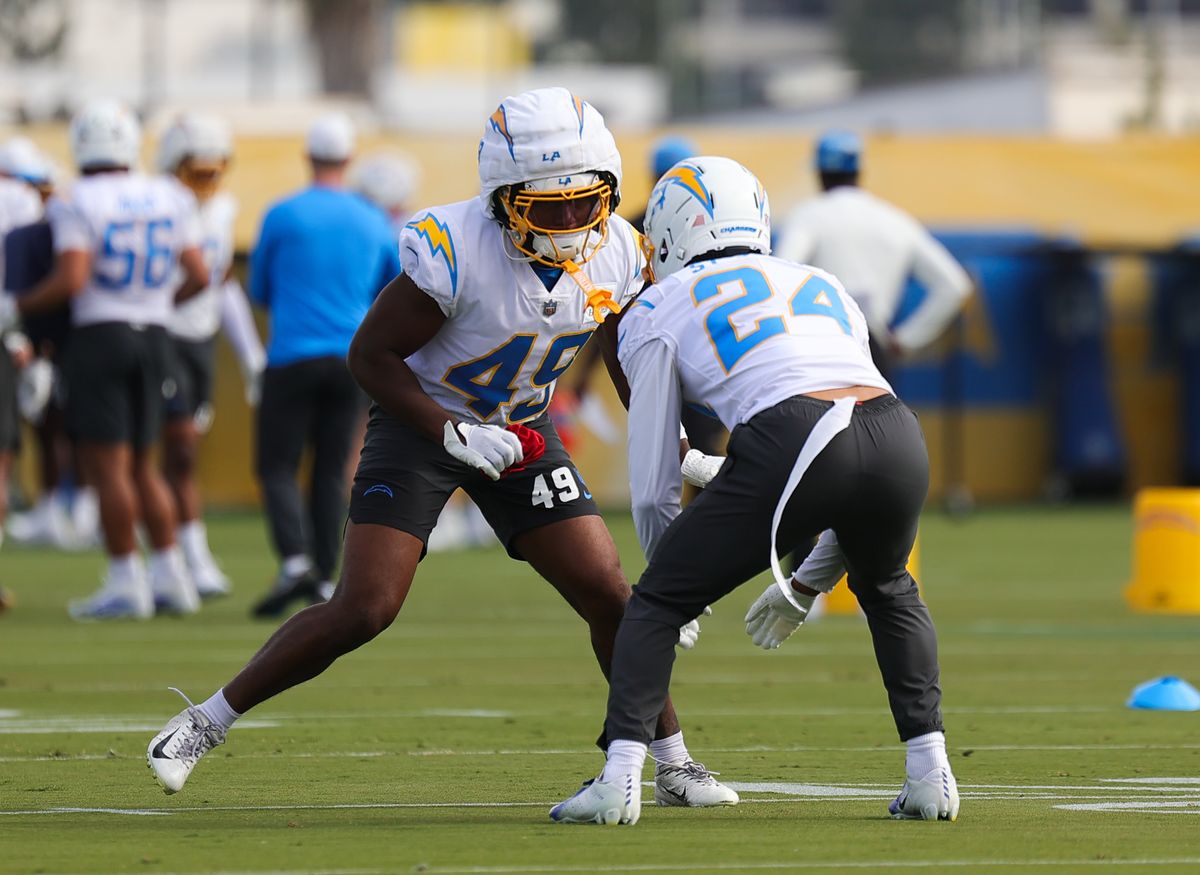 Los Angeles Chargers #49 CB Myles Purchase and #24 CB Benjamin St-Juste participate in individual drills during training camp on July 19, 2025 at the Bolt practice facility in El Segundo, CA.