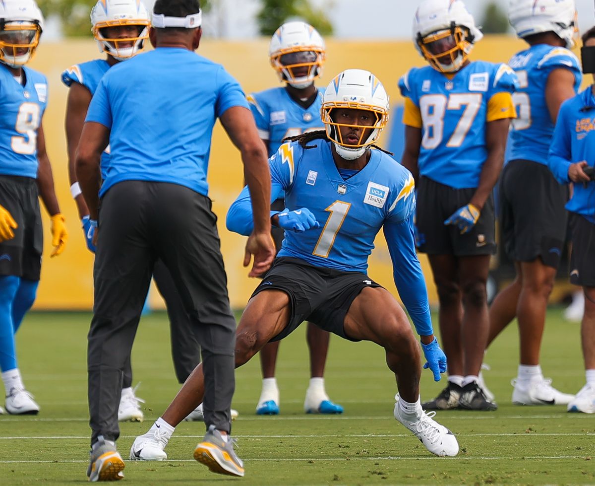 Los Angeles Chargers #1 WR Quentin Johnson participates in individual drills during training camp on July 19, 2025 at the Bolt practice facility in El Segundo, CA.